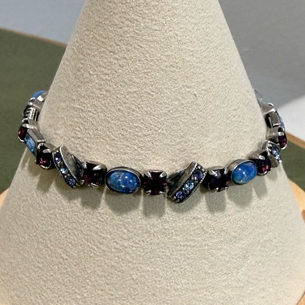 Vintage Blue Purple Rhinestone Silver Tone Bracelet 6.5-7”